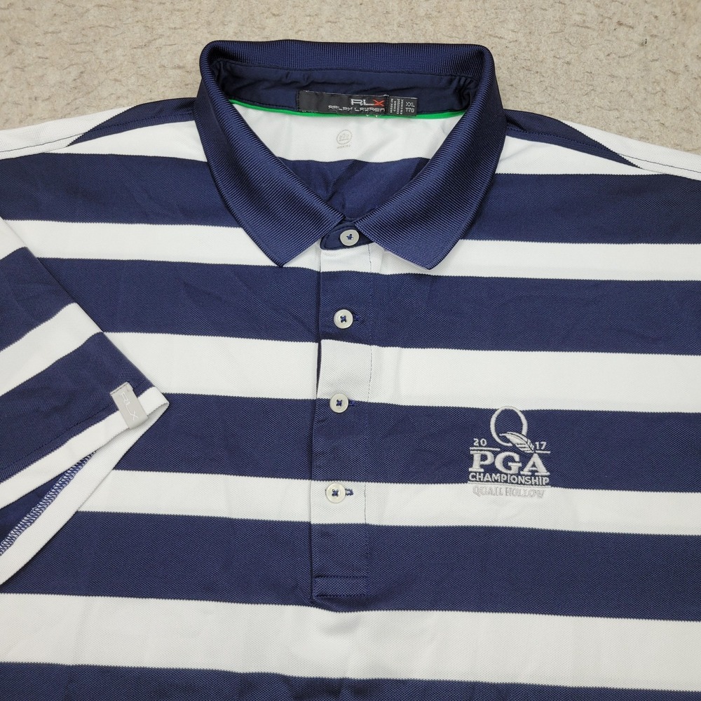 Quail Hollow Ralph Lauren RLX‎ Golf Polo Shirt Men 2XL Blue Striped Short Sleeve